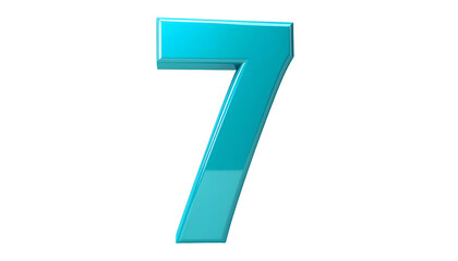 A 3D rendered, glossy cyan digit "7" floats against a stark black background. It appears to be slightly angled with subtle highlights