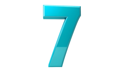A 3D rendered, glossy cyan digit "7" floats against a stark black background. It appears to be slightly angled with subtle highlights