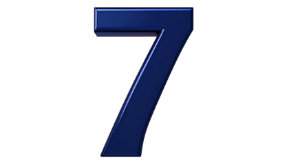 A 3D rendered, glossy, dark blue digit '7' against a stark black background. The number has subtle highlights creating depth and dimension