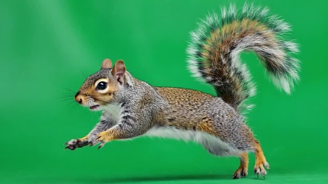 Squirrel in mid leap against green background