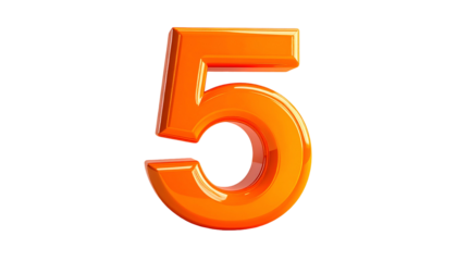 A 3D render of the number five, with a shiny, orange, glossy texture against a solid black background