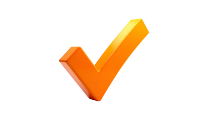 A 3D render of an orange checkmark, slightly angled, against a stark black background. It appears shiny and has subtle highlights