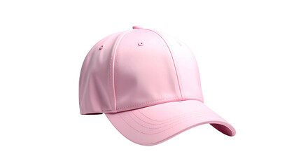 A 3D render of a pastel pink baseball cap floating against a stark black background. Simple and clean rendering