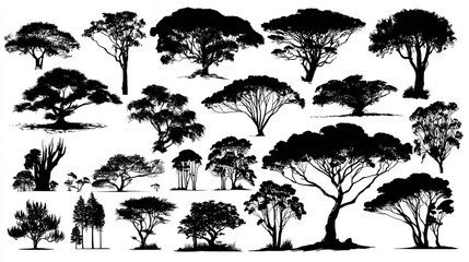 Silhouette Collection of Diverse Trees with Varied Shapes and Sizes on White Background, Ideal for Design Elements and Nature Illustrations