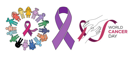 World Cancer Day Awareness Concept With Diverse People Circle Purple Ribbon And Caring Hands Illustration