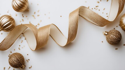 Golden Christmas Ornaments and Ribbon on White Background for Festive Holiday Decor Still Life
