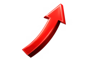 Rising red arrow showing increasing profits, positive development, and progress in economy and stock market, on transparent background