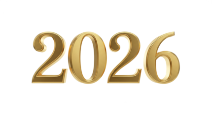 Happy New Year 2026 Gold 3D Extrude Text with Transparent background PNG