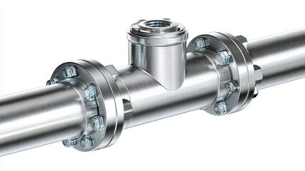 Metallic Pipe Section with Flanges and Valve Isolated on White Background