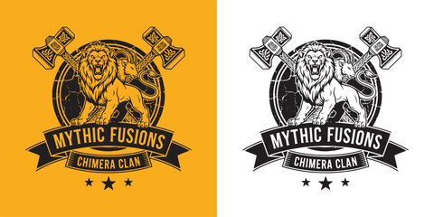Mythic Fusions Chimera Clan Logo, Lion and Goat Hybrid with Crossed Viking Axes