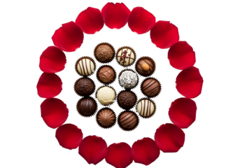 Chocolates and roses arranged in a circular pattern on transparent background for valentines day