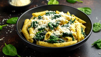 Delicious Penne Pasta with Spinach and Parmesan Cheese.