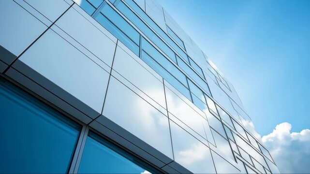 Modern reflective glass facade reflecting blue sky