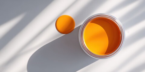 Minimalist Still Life of Glossy Orange Paint Can with Lid on White Surface Under Shadow Overlay