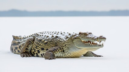 Fototapeta premium A large crocodile covered in a light dusting of snow, lying on a vast white snowy landscape with a blurred background.