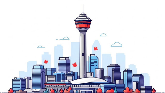 Colorful illustration of calgary skyline with calgary tower and cityscape in autumn, featuring modern buildings, red maple leaves, and a vibrant with urban