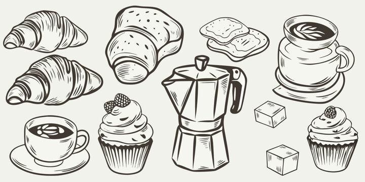 A delightful sketch featuring croissants coffee cupcakes and a moka pot