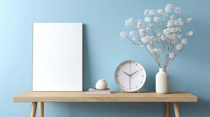 Mockup on Light Blue Wall with Clock White Flowers Vase and Books on Rustic Wood Table in Soft Light for Interior Design