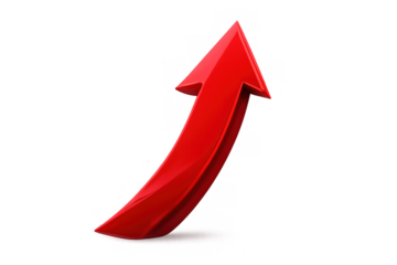 Red glossy 3d arrow curving upwards, symbolizing financial growth, business improvement, market success, and increasing statistics, transparent background