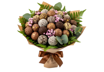 Beautiful bouquet of chocolate covered strawberries with pink flowers and green leaves isolated on transparent background