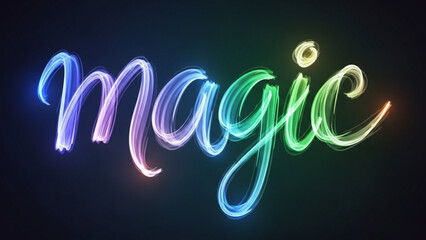 A colorful, glowing, magic word in a whimsical, handwritten font with vibrant, swirling lights on a dark background, conveying fantasy and wonder with neon