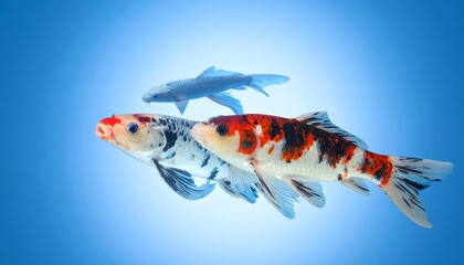 Three Koi Fish Swimming Gracefully in Clear Blue Water.