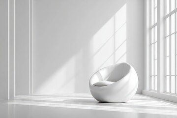 Modern White Armchair bathed in Sunlight by Large Window Clean Minimalist Room Interior