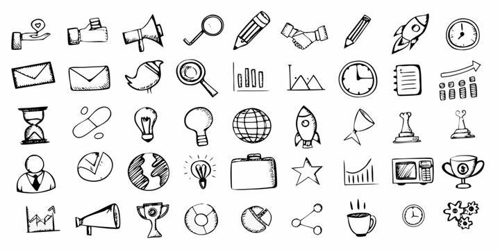 Collection of hand drawn doodle icons representing ideas communication and progress
