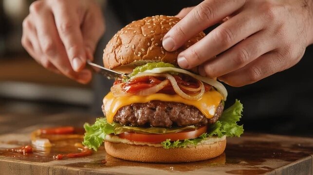 Person assembling a cheeseburger on a wooden cutting board