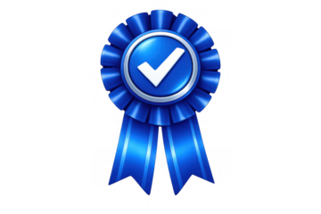 Blue rosette ribbon with a white checkmark presenting quality certification, success, achievement, and approval concept