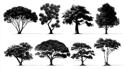 Silhouette of Various Deciduous Trees in a Row Against a White Background with Black Tones Lush Branches and Diverse Tree Structures Forming a Natural Forest Scene