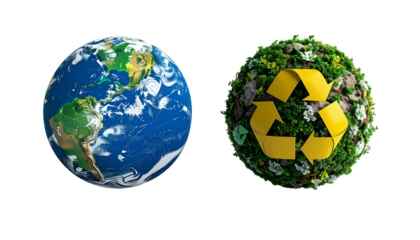 Sustainable Planet Earth Recycling Icon Pair, isolated on transparent background