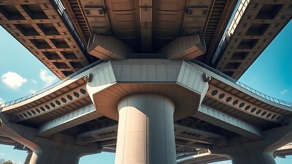 nationalizing. Massive bridge pillar supporting elevated roadway with architectural detail in daylight. real-estate listings.