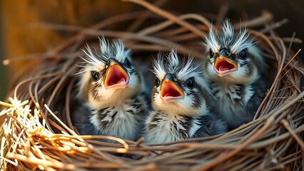 pragmatism. Newborn birds in nest with open beaks, soft morning light. wildlife magazines, conservation campaigns, designed for wildlife conservation campaigns.