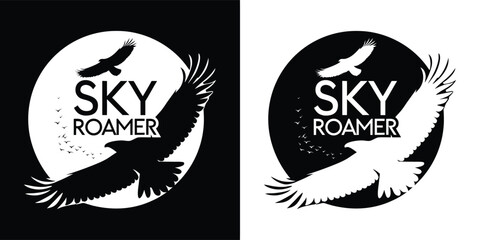 Sky roamer logo featuring two flying eagles, one in black on a white circle and another in white on a black circle, representing freedom and adventure