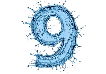 Water splash number nine isolated on transparent background with droplets