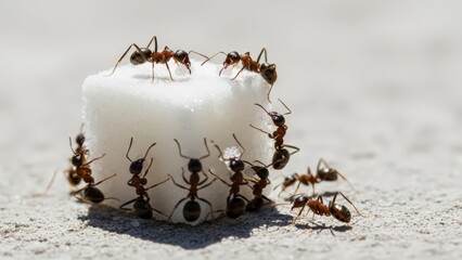 Ants swarming around a white sugar cube on a light surface, illustrating their attraction to sweet food.