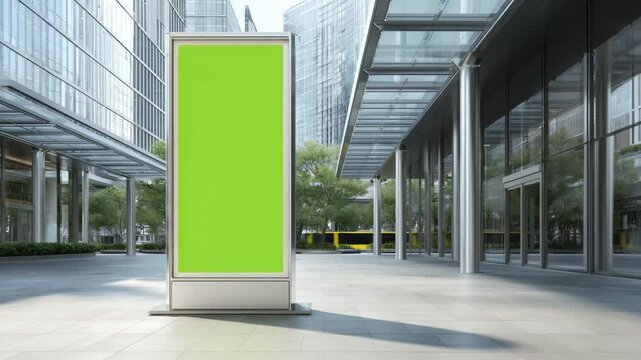 Green Screen Billboard Mockup in Modern City Plaza. Blank Digital Signage for OOH Advertising on Urban Street with Glass Buildings.