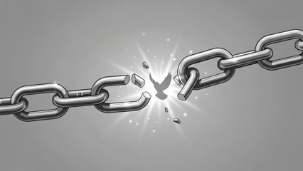 Obraz premium Broken chain with a bird flying out symbolizing freedom and escape concept of breaking barriers isolated on gray background