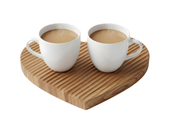 Two white coffee cups on a wooden heart shaped tray with latte art isolated on transparent background