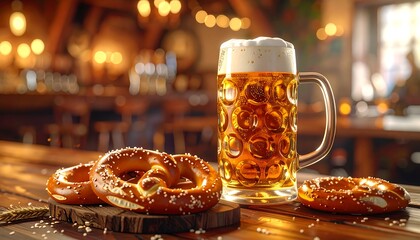 A refreshing mug of golden beer with a frothy head sits on a wooden table next to three delicious pretzels, evoking a cozy pub atmosphere.