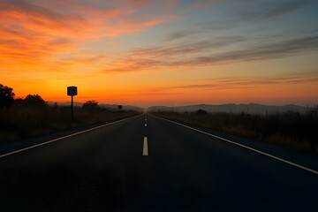 Empty Road Leading into Vibrant Sunset with Silhouetted Trees