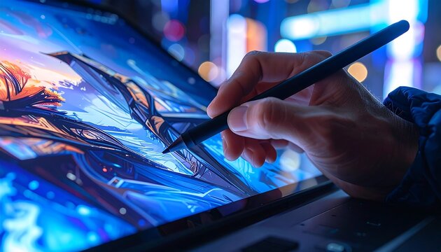 Artists Hand Drawing Digital Art on Tablet with Stylus.
