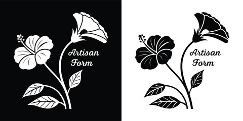Elegant floral logo design with artisan form text, featuring a hibiscus and a trumpet flower, in contrasting black and white versions for branding