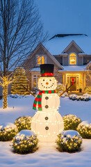 A snowman with a top hat and scarf stands in a snow-covered yard with a house in the background at dusk.