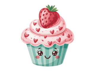 a charming digital illustration of a pink cupcake with a strawberry on top on transparent background