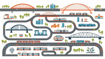 Urban transportation network illustration. Modern city infrastructure bridges, roads, railways, public transit. Efficient connectivity, urban planning, development