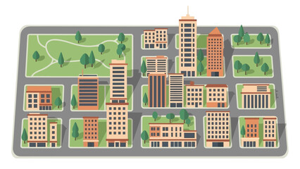 Aerial view of a modern city skyline with buildings, parks, and streets, showcasing urban development and cityscape design