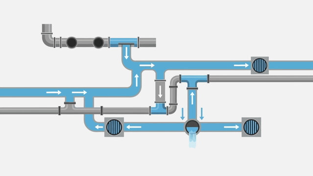 Diagram of a modern plumbing system demonstrating efficient water flow through interconnected pipes and drains, illustrating essential utility infrastructure