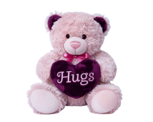 a charming pink teddy bear holding a purple heart with the word hugs on transparent background